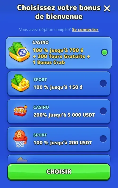 Fenêtre de sélection du bonus de bienvenue : casino, paris sportifs ou cryptomonnaie